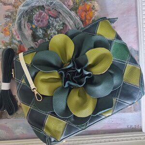 Genuine Leather patchwork purse/hand bag/cross body with flower design front